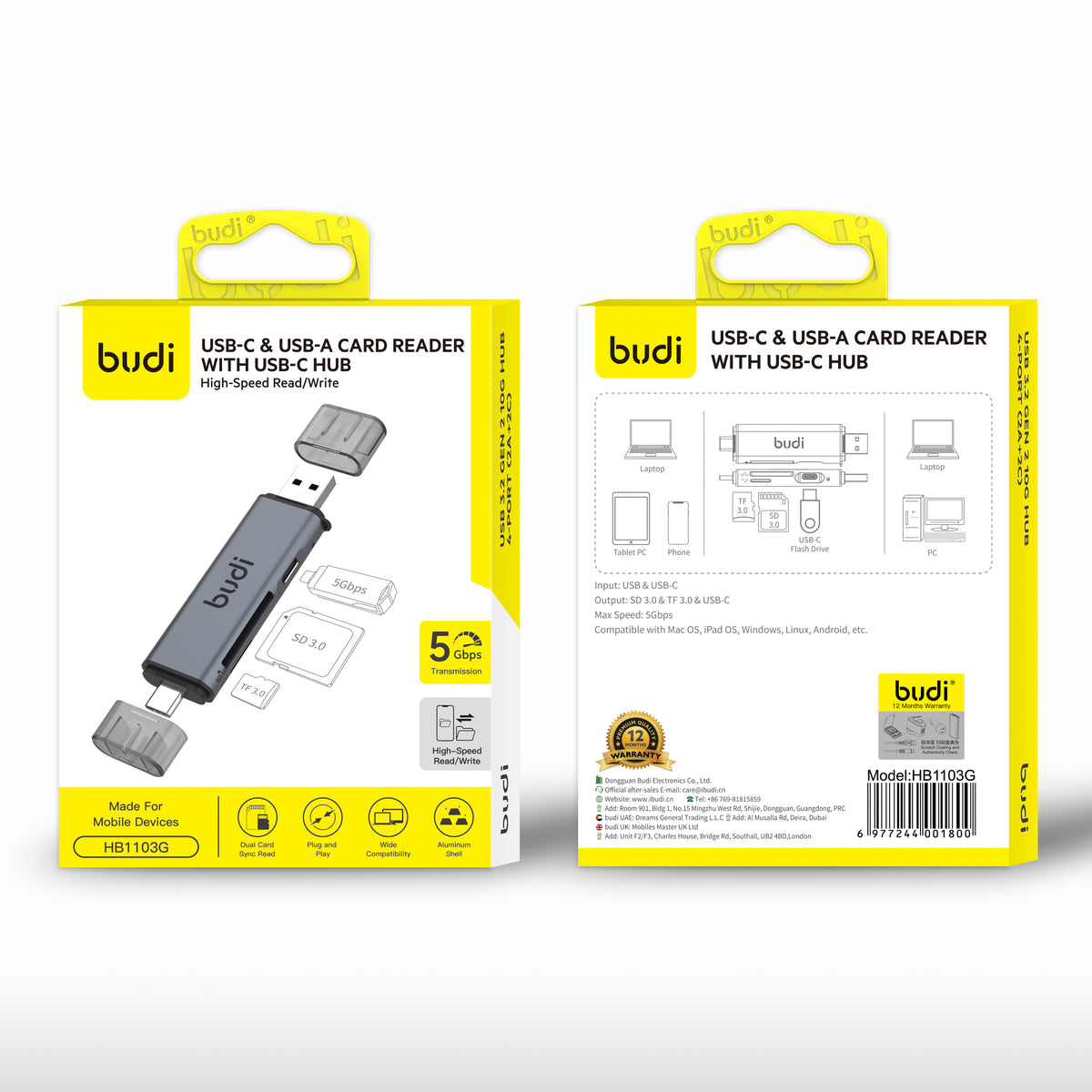Budi USB-C and USB-A Card Reader with USB-C Hub SD TF 5Gbps Card Reader FoneFunShop