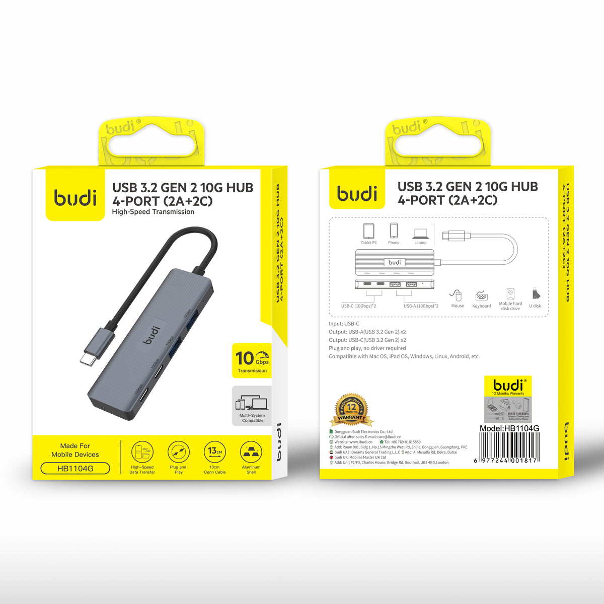 Budi 4-Port USB 3 Gen 2 10Gbps USB-C Hub 2 x USB-A 2 x USB-C USB Hub FoneFunShop