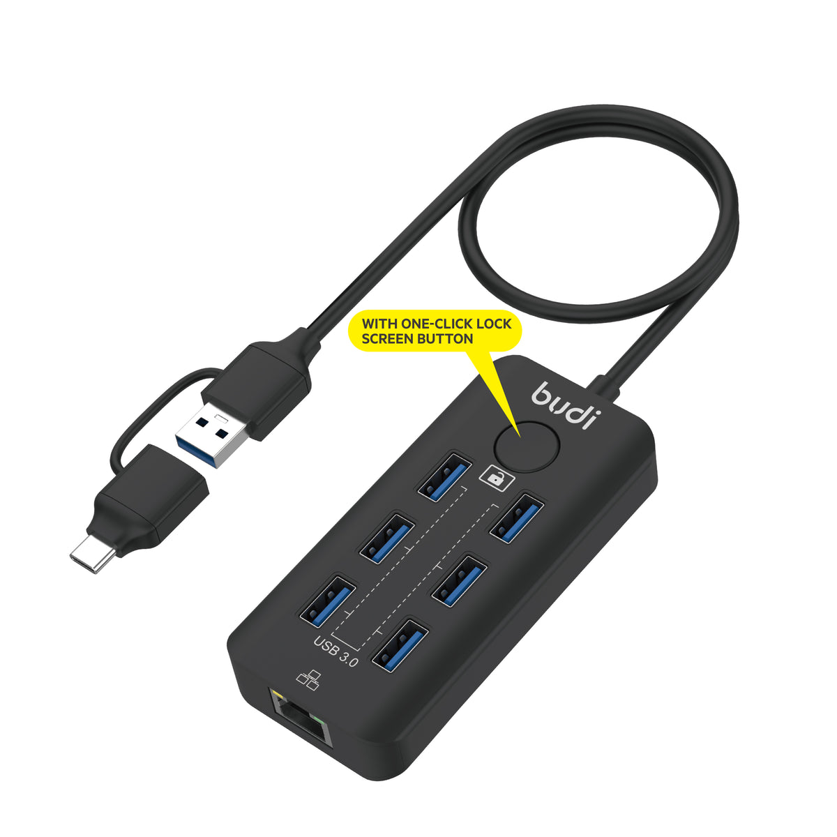 Budi 6-Port USB 3 Hub with Ethernet and Lock Button USB-C and USB-A USB Hub FoneFunShop