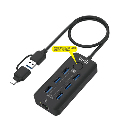 Budi 6-Port USB 3 Hub with Ethernet and Lock Button USB-C and USB-A USB Hub FoneFunShop