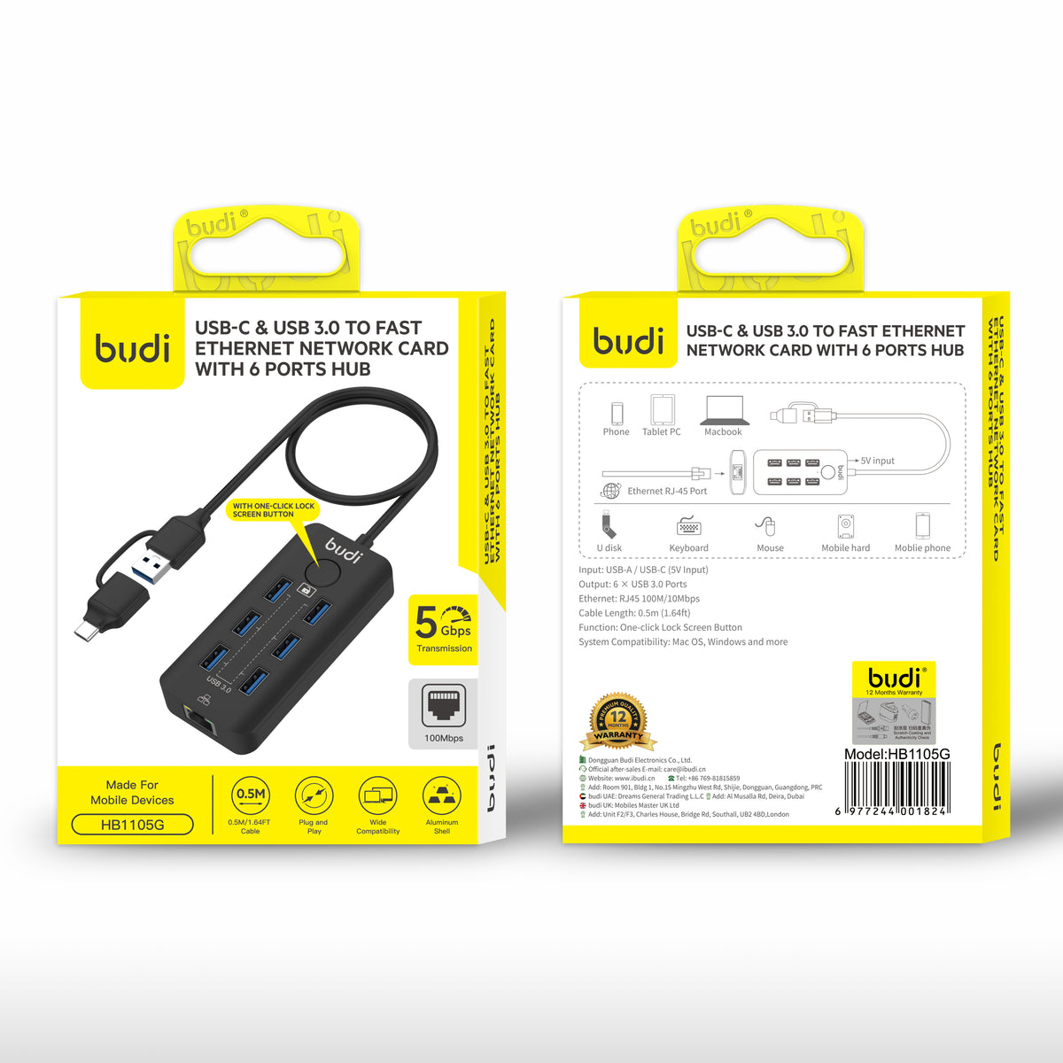 Budi 6-Port USB 3 Hub with Ethernet and Lock Button USB-C and USB-A USB Hub FoneFunShop