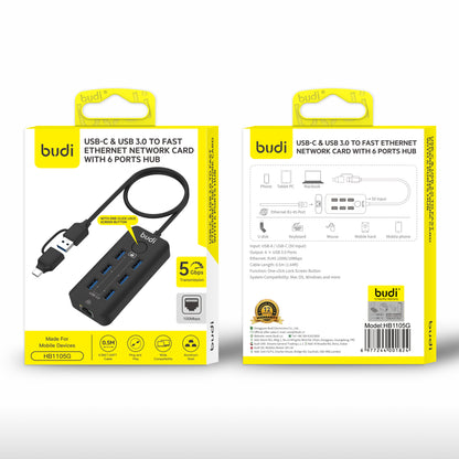 Budi 6-Port USB 3 Hub with Ethernet and Lock Button USB-C and USB-A USB Hub FoneFunShop
