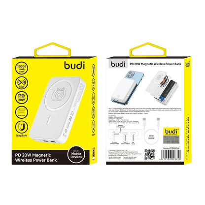 Budi 10000mAh Wireless Power Bank 20W PD Magnetic Magsafe Compatible White Power Bank FoneFunShop