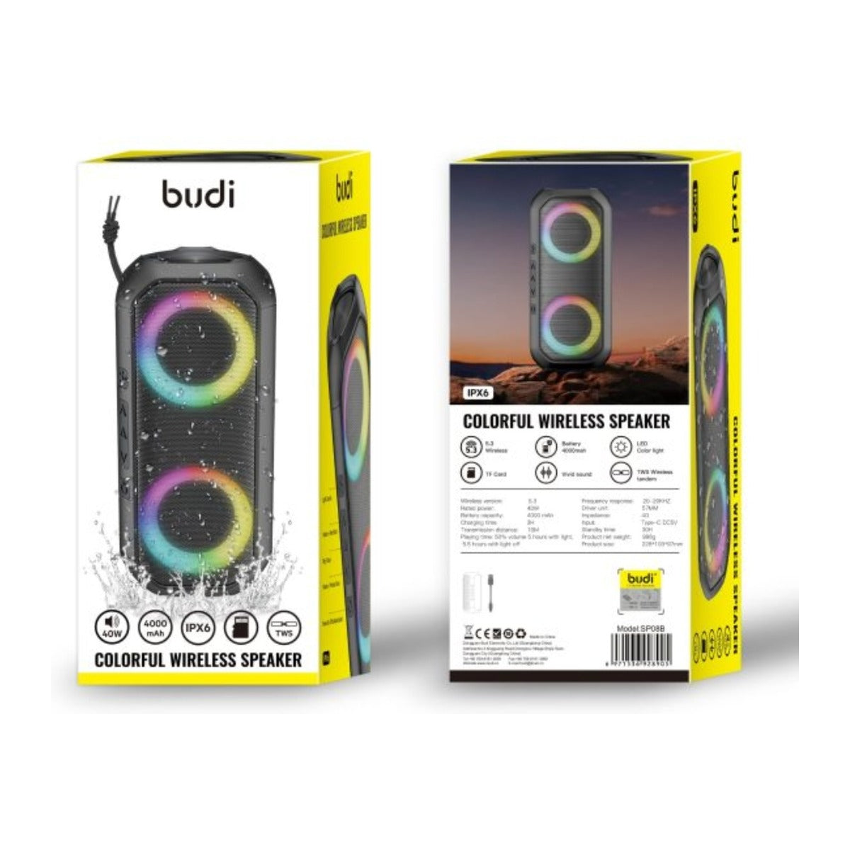 Budi 40W Bluetooth 5.3 Wireless Speaker With LED Black Speaker FoneFunShop