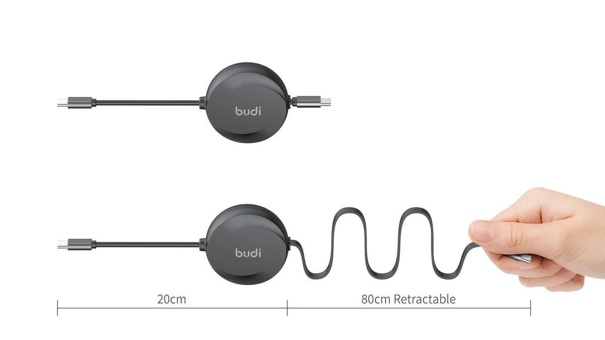 Budi 1M Retractable USB-C to USB-C Cable 65W PD Charge and Sync Cable FoneFunShop
