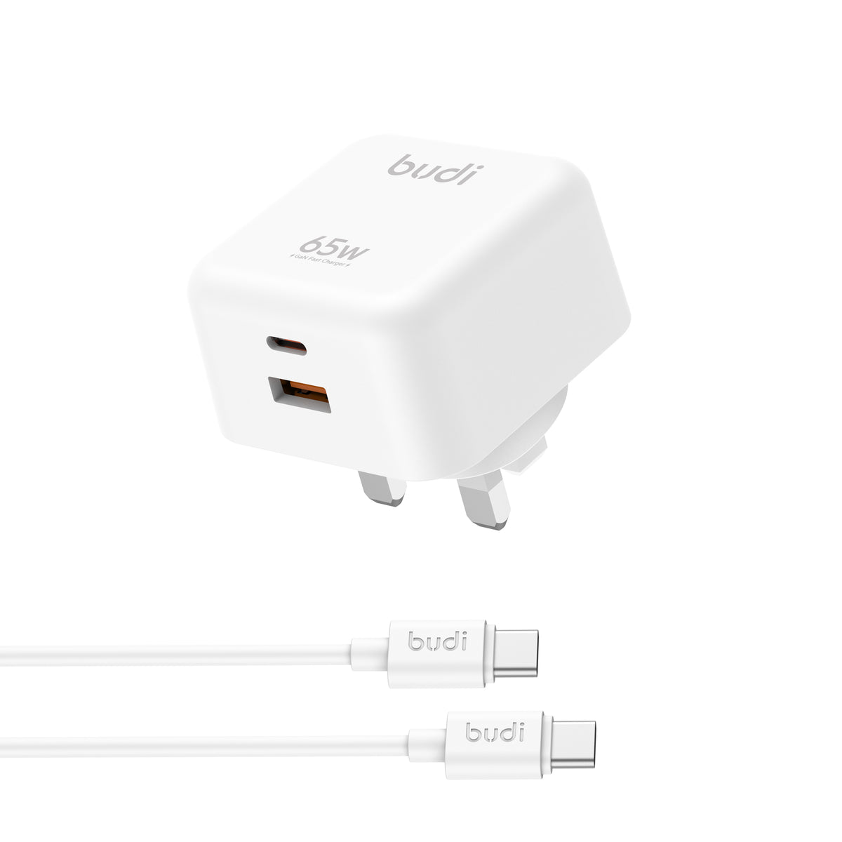 Budi 65W GaN Wall Charger USB-C PD and USB-A QC Dual Port UK Plug Wall Charger FoneFunShop