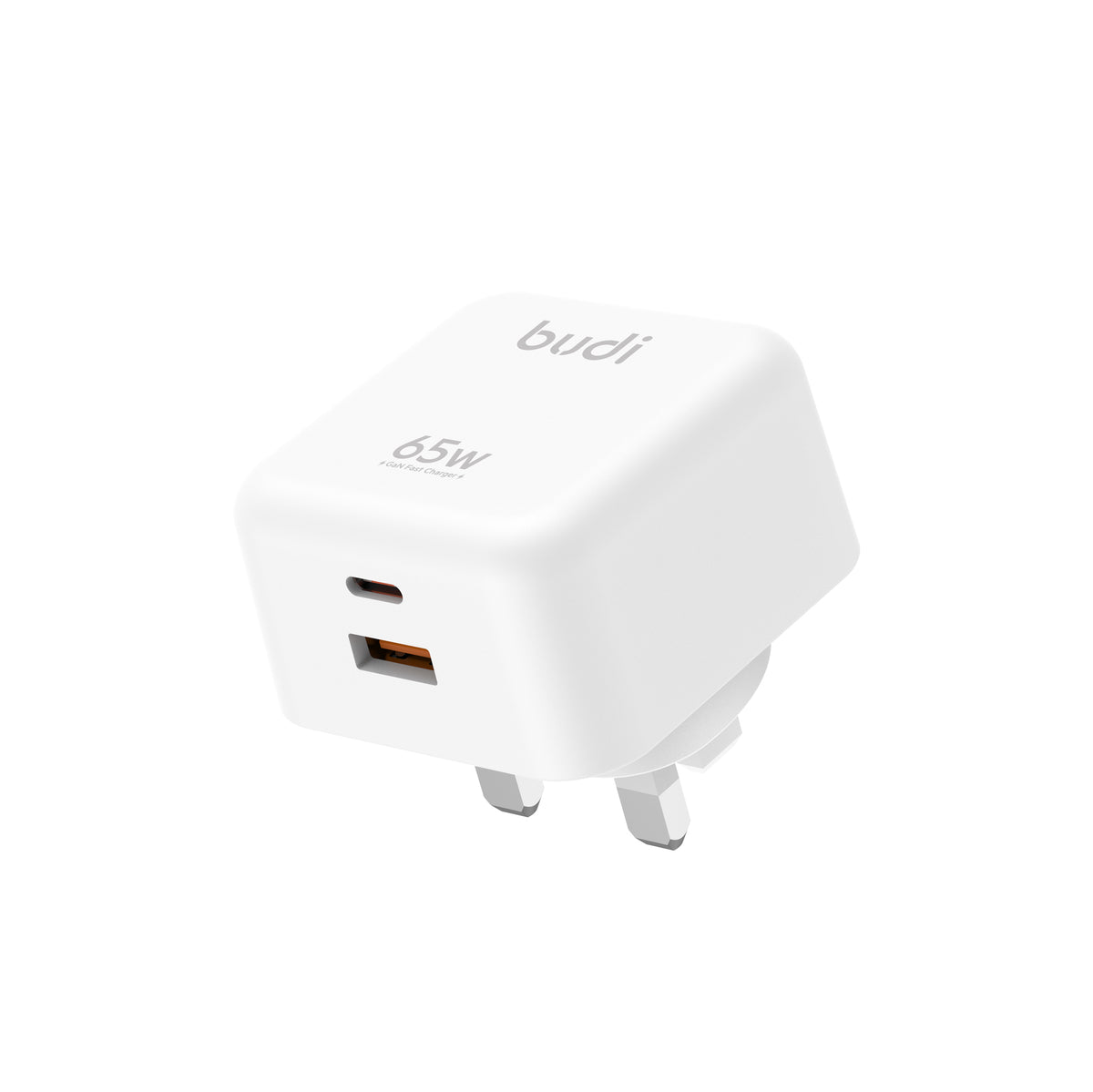 Budi 65W GaN Wall Charger USB-C PD and USB-A QC Dual Port UK Plug Wall Charger FoneFunShop