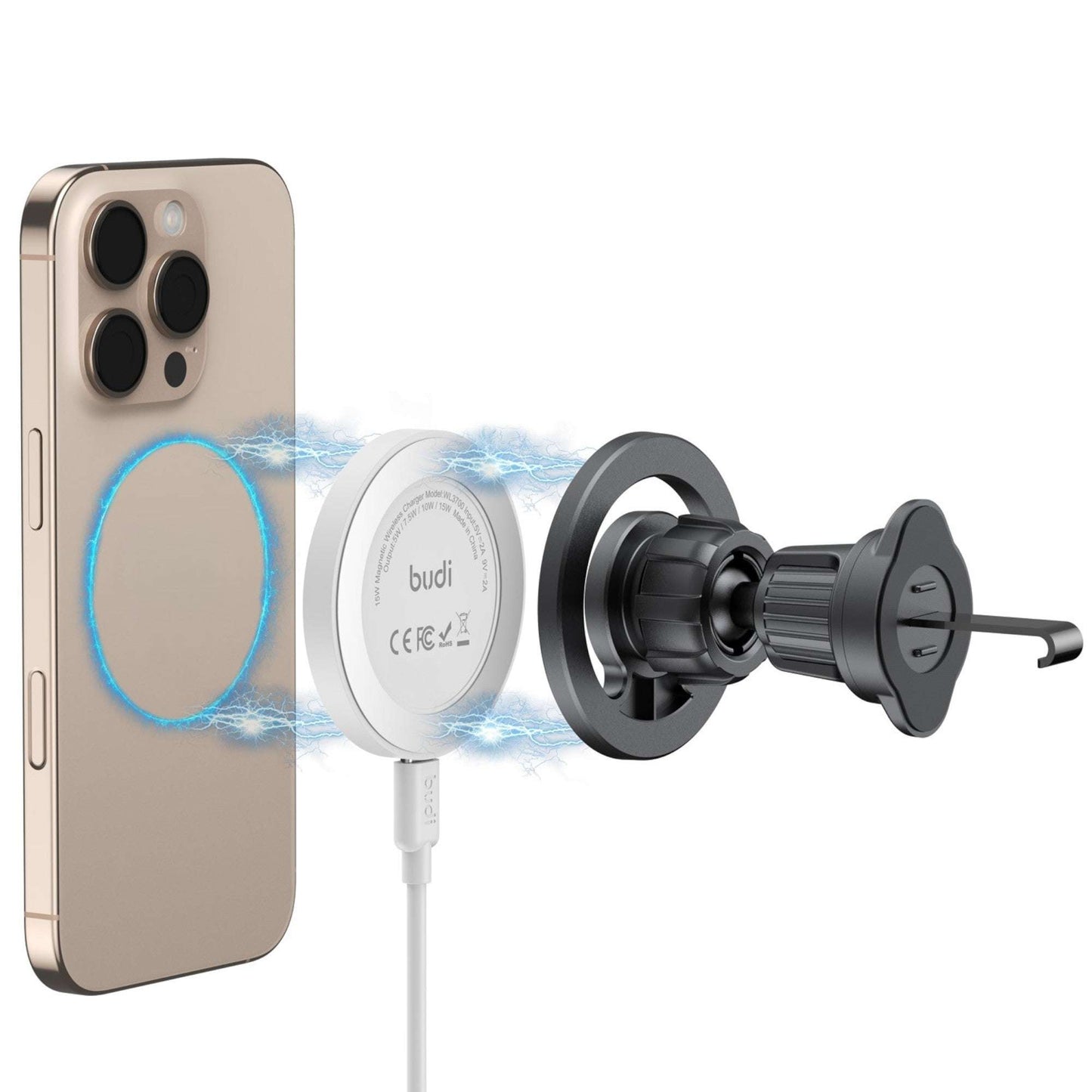 Budi 15W Wireless Charger + Car Holder with 1.2m Cable Budi FoneFunShop