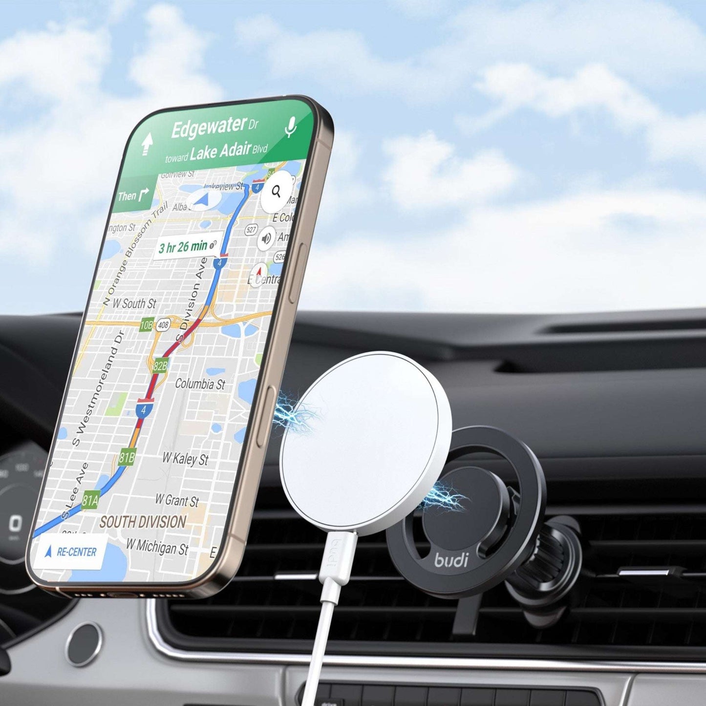 Budi 15W Wireless Charger + Car Holder with 1.2m Cable Budi FoneFunShop