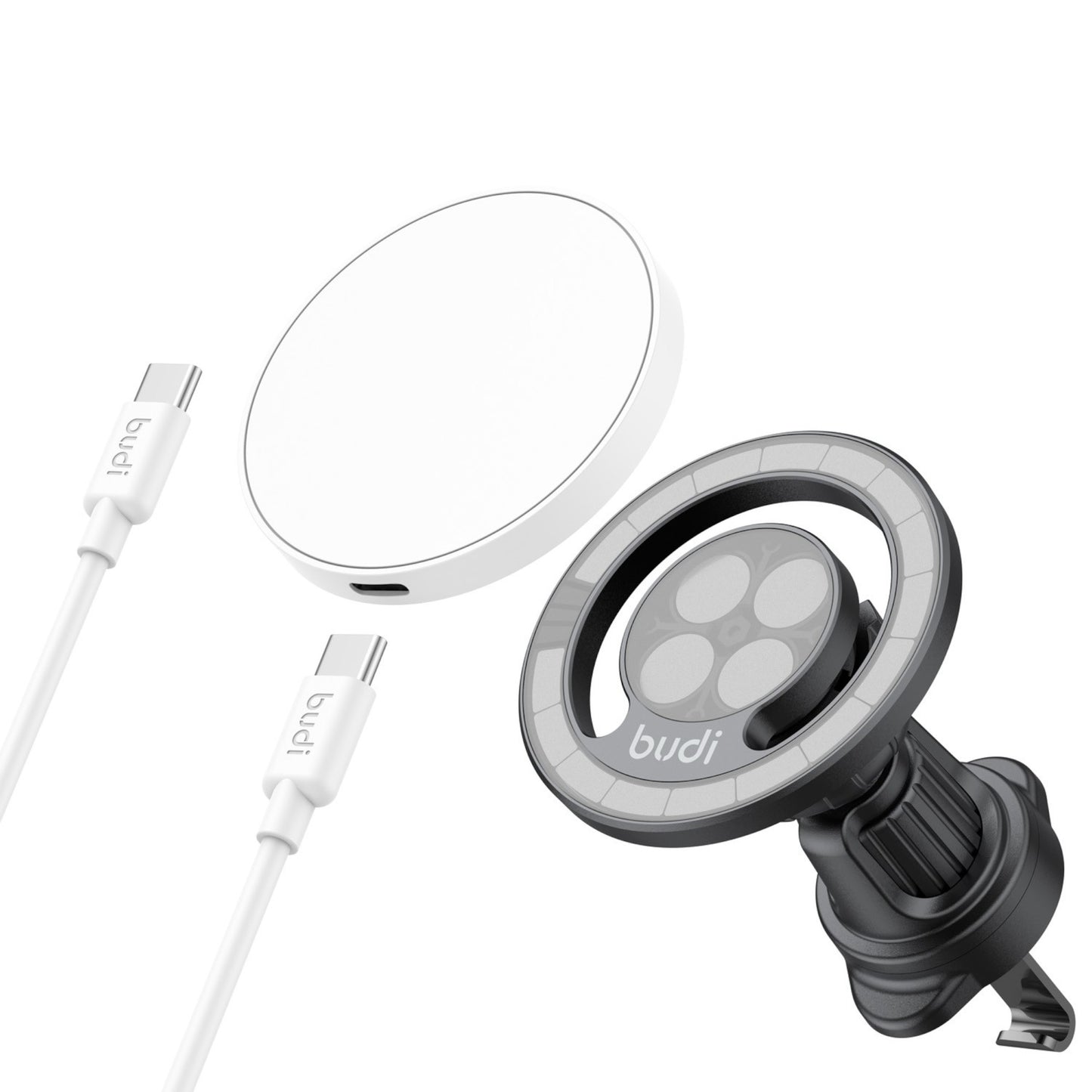 Budi 15W Wireless Charger + Car Holder with 1.2m Cable Budi FoneFunShop