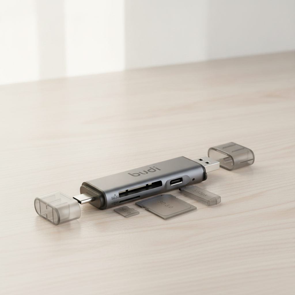 Budi USB-C and USB-A Card Reader with USB-C Hub SD TF 5Gbps - lifestyle