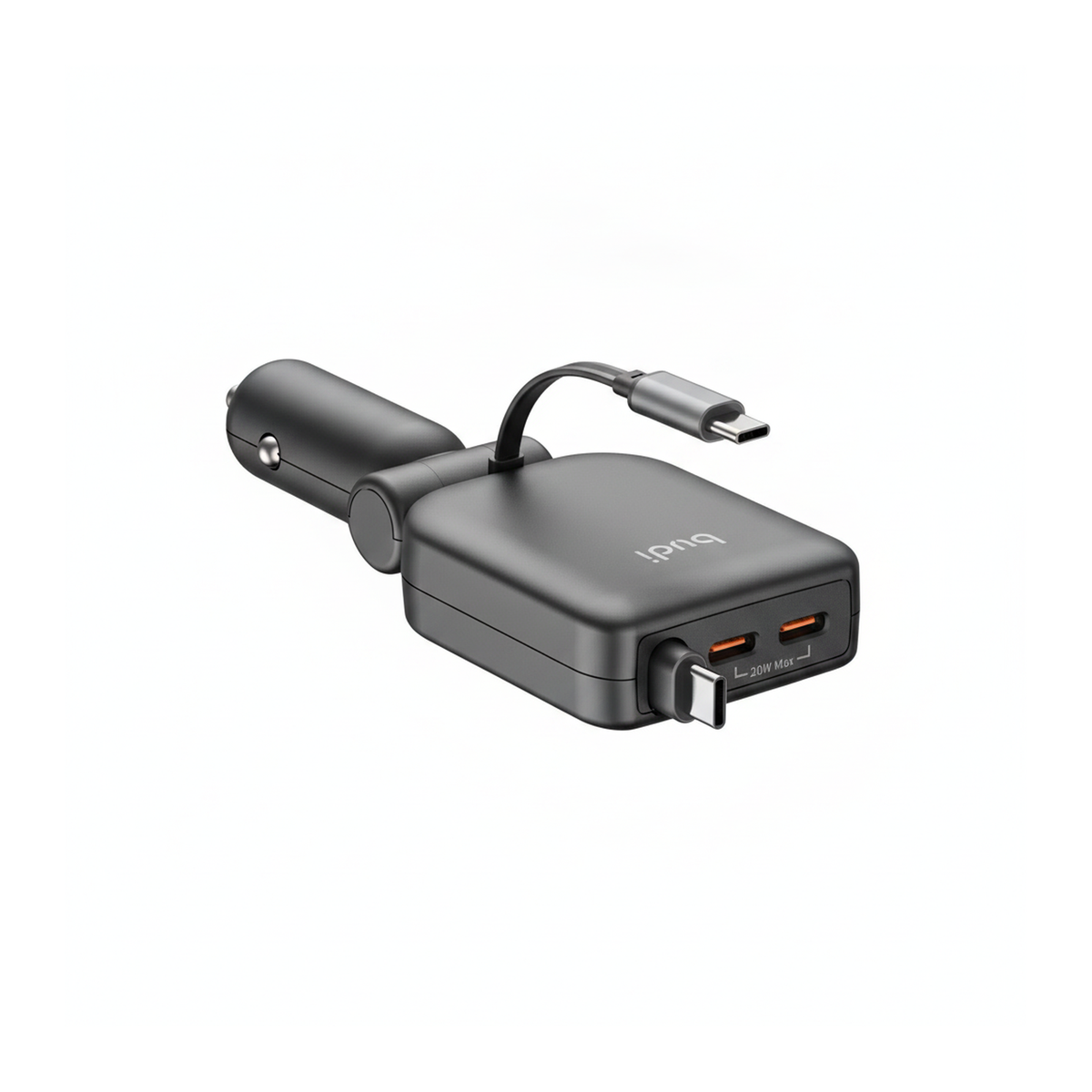Budi 50W 3-Port Car Charger with 72cm Retractable USB-C Cable - angled right view