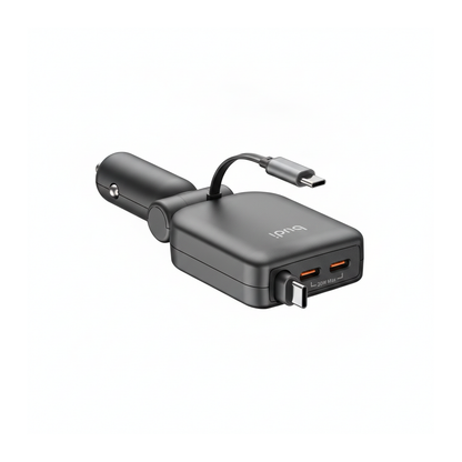 Budi 50W 3-Port Car Charger with 72cm Retractable USB-C Cable - angled right view