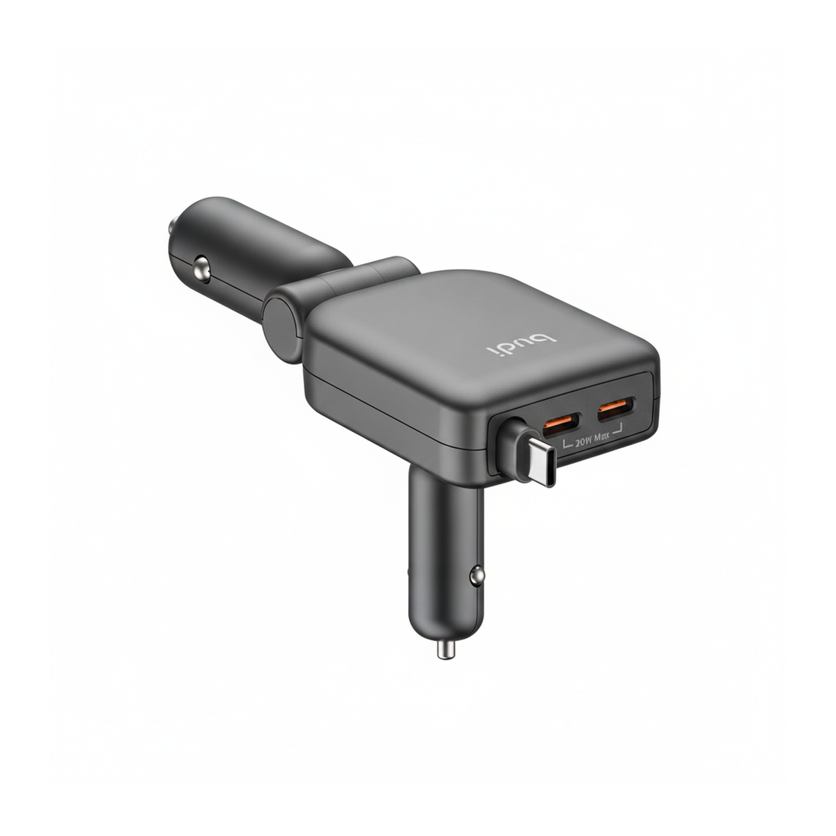 Budi 50W 3-Port Car Charger with 72cm Retractable USB-C Cable - angled left view