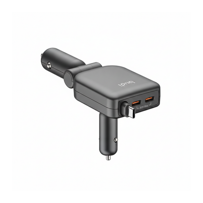 Budi 50W 3-Port Car Charger with 72cm Retractable USB-C Cable - angled left view