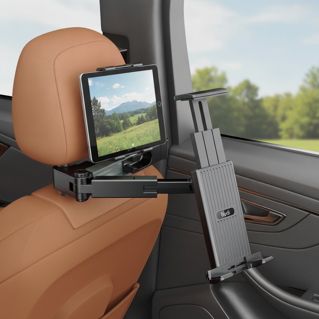 Budi Car Headrest Tablet and Phone Holder 4.7 to 14 Inch 360 Rotation - in use