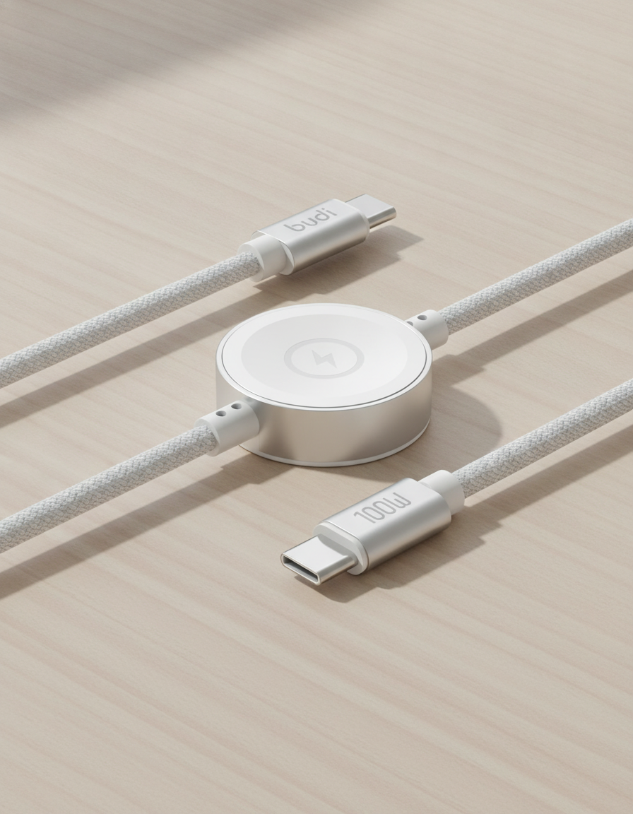 Budi 1.5M USB-C Cable 100W with Magnetic Smart Watch Charger White - lifestyle