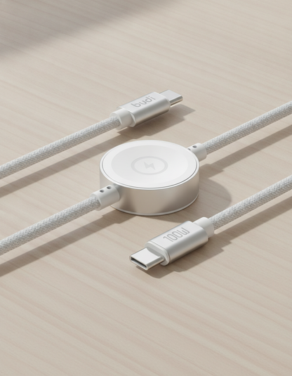 Budi 1.5M USB-C Cable 100W with Magnetic Smart Watch Charger White - lifestyle