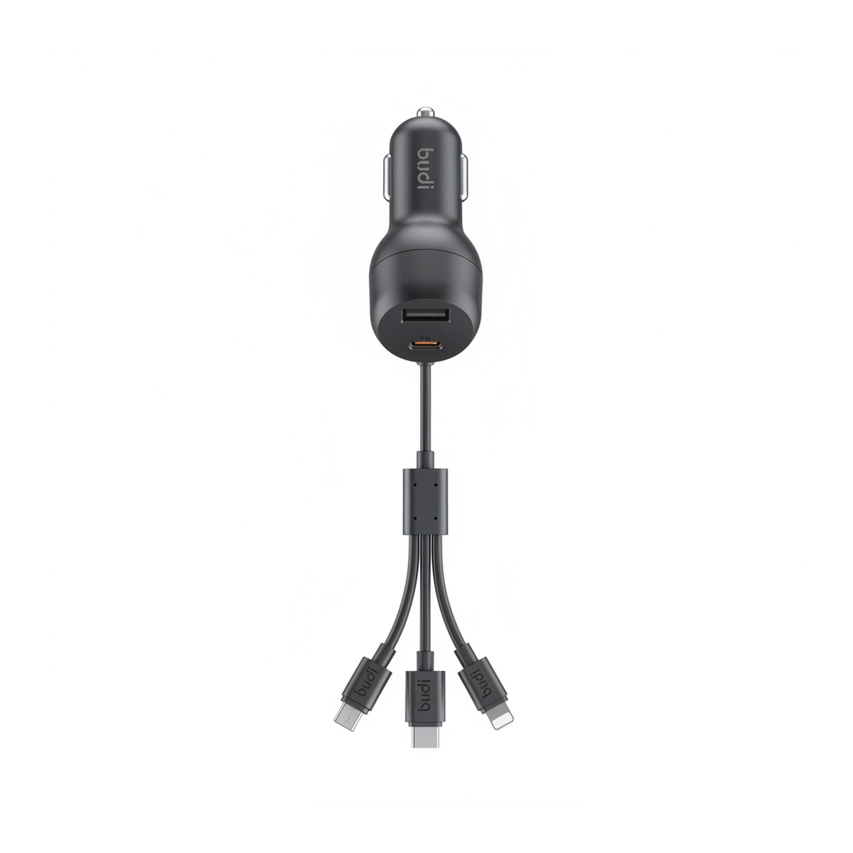 Budi 35W Car Charger with Spring Retractable 3 in 1 Cable PD 20W - top view