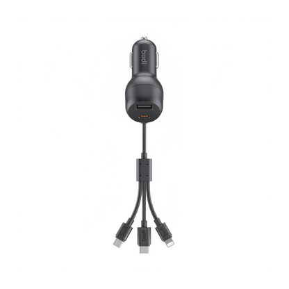 Budi 35W Car Charger with Spring Retractable 3 in 1 Cable PD 20W - top view