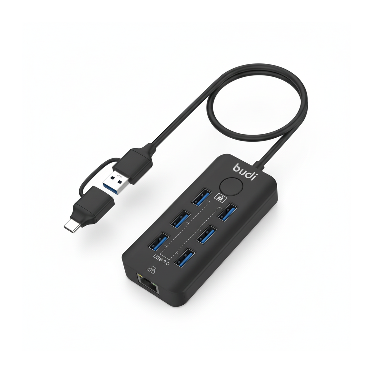 Budi 6-Port USB 3 Hub with Ethernet and Lock Button USB-C and USB-A - angled left view