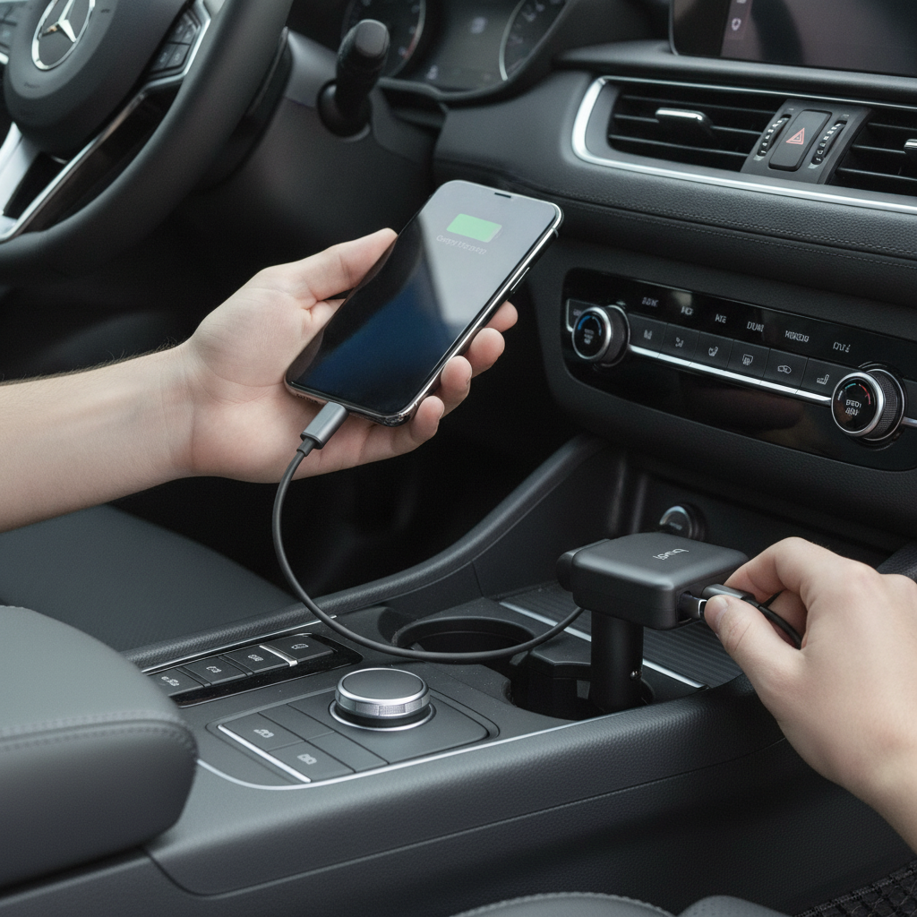 Budi 50W 3-Port Car Charger with 72cm Retractable USB-C Cable - in use 2