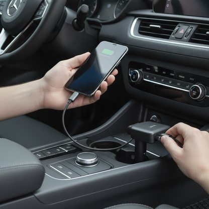 Budi 50W 3-Port Car Charger with 72cm Retractable USB-C Cable - in use 2