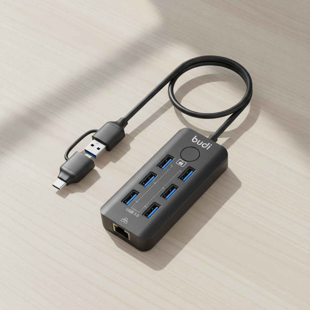 Budi 6-Port USB 3 Hub with Ethernet and Lock Button USB-C and USB-A - lifestyle