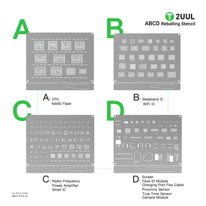2UUL BG01 Reballing Stencil Set for iP 8 to 16 Pro Max Full 4 Piece A B C D Set Stencil FoneFunShop