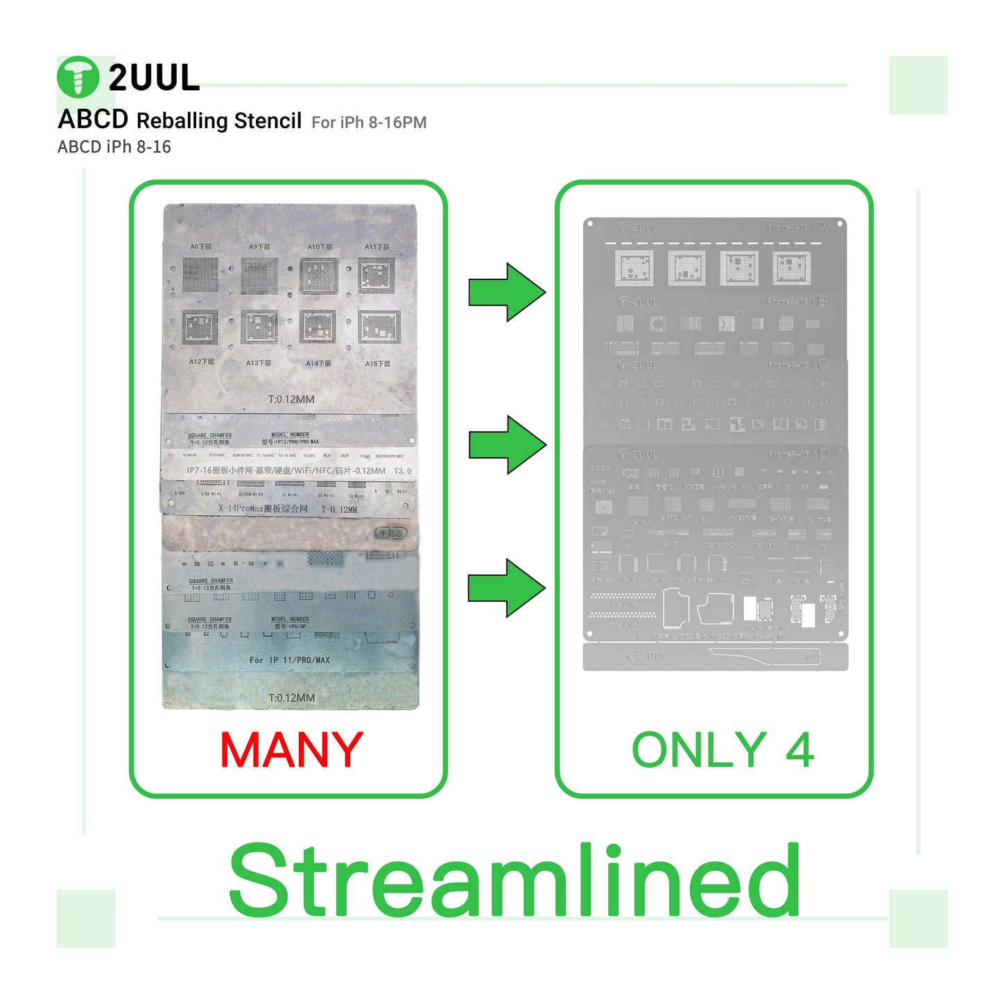2UUL BG01 Reballing Stencil Set for iP 8 to 16 Pro Max Full 4 Piece A B C D Set Stencil FoneFunShop