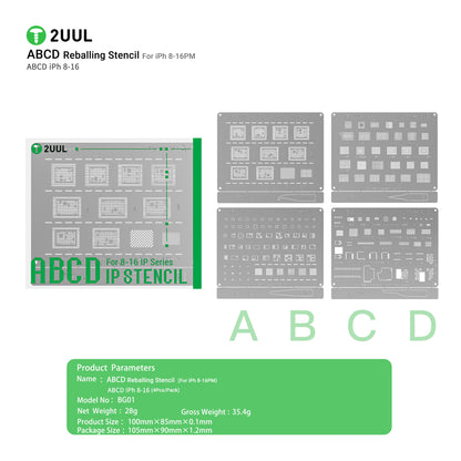 2UUL BG01 Reballing Stencil Set for iP 8 to 16 Pro Max Full 4 Piece A B C D Set Stencil FoneFunShop