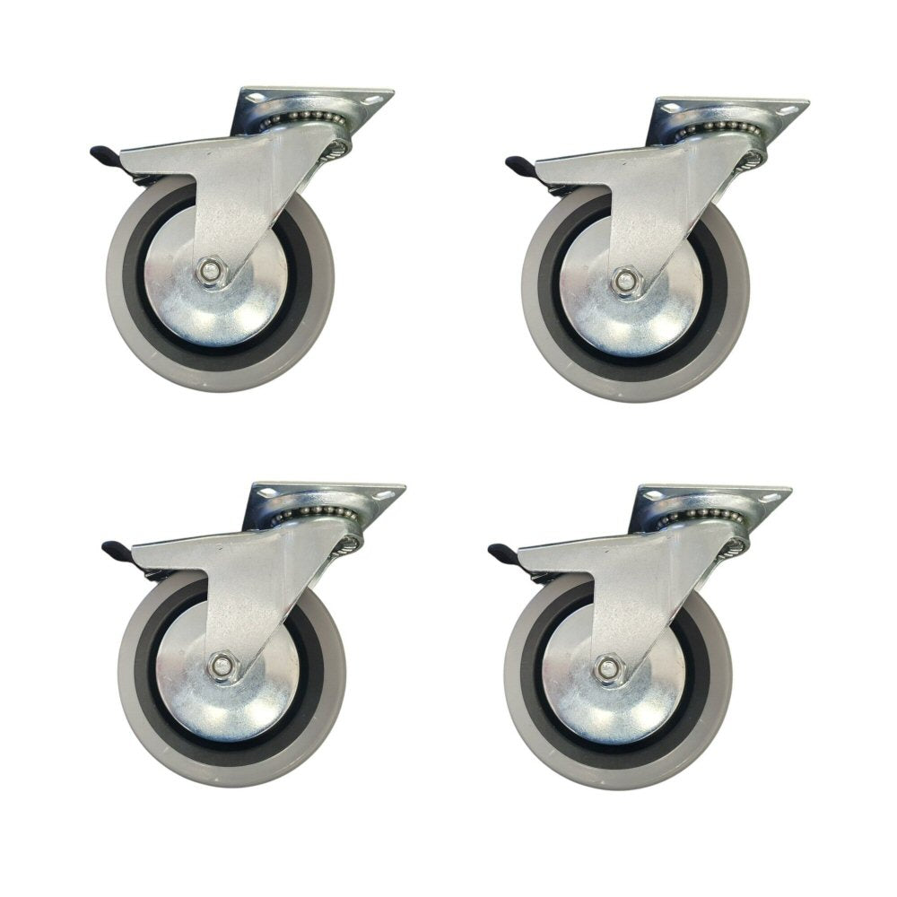 4 inch Wheel Swivel Trolley Caster Rubber with Brake 100mm On Plate 50kg Grey (Pack of 4 Wheels) Wheel FoneFunShop