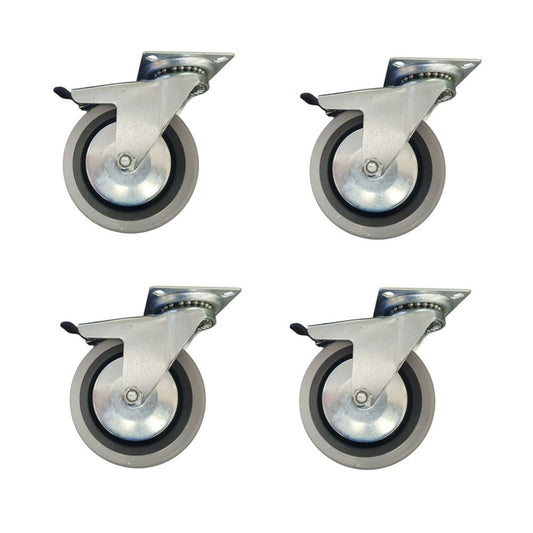 4 inch Wheel Swivel Trolley Caster Rubber with Brake 100mm On Plate 50kg Grey (Pack of 4 Wheels) Wheel FoneFunShop