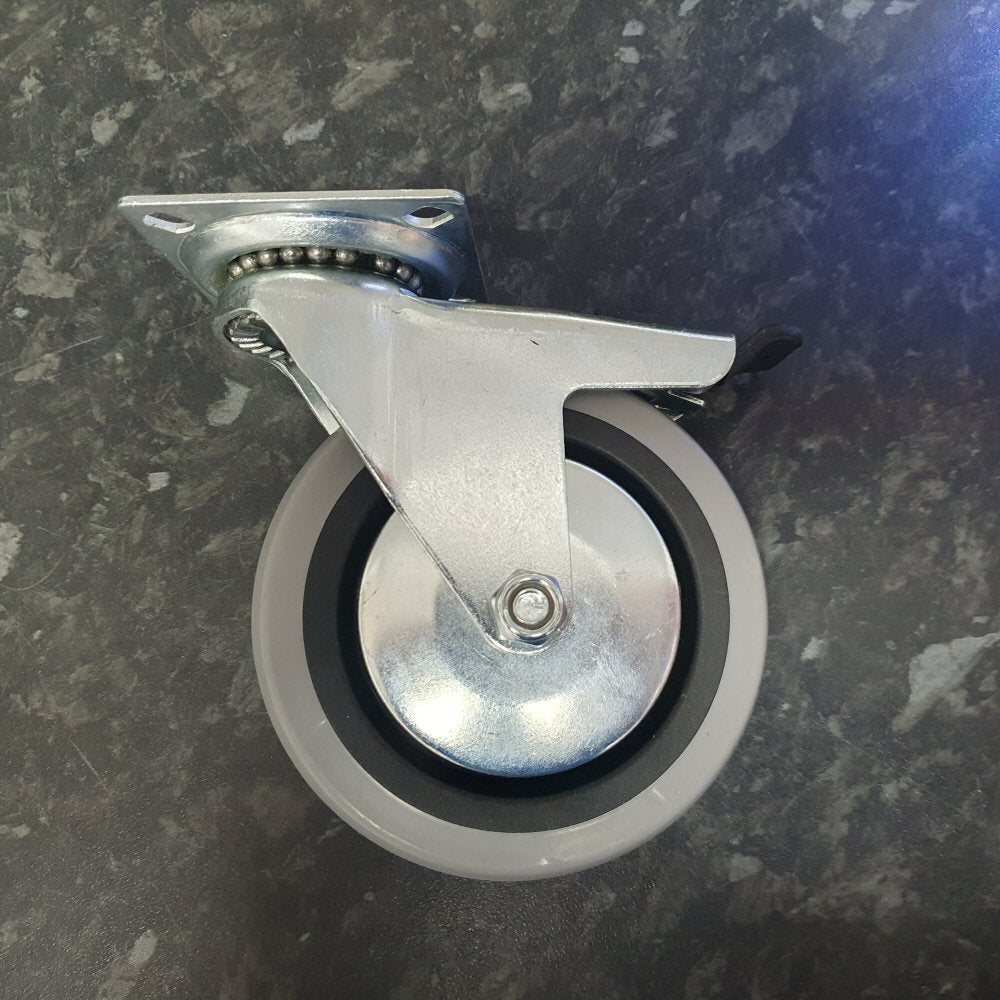 4 inch Wheel Swivel Trolley Caster Rubber with Brake 100mm On Plate 50kg Grey (Pack of 4 Wheels) Wheel FoneFunShop