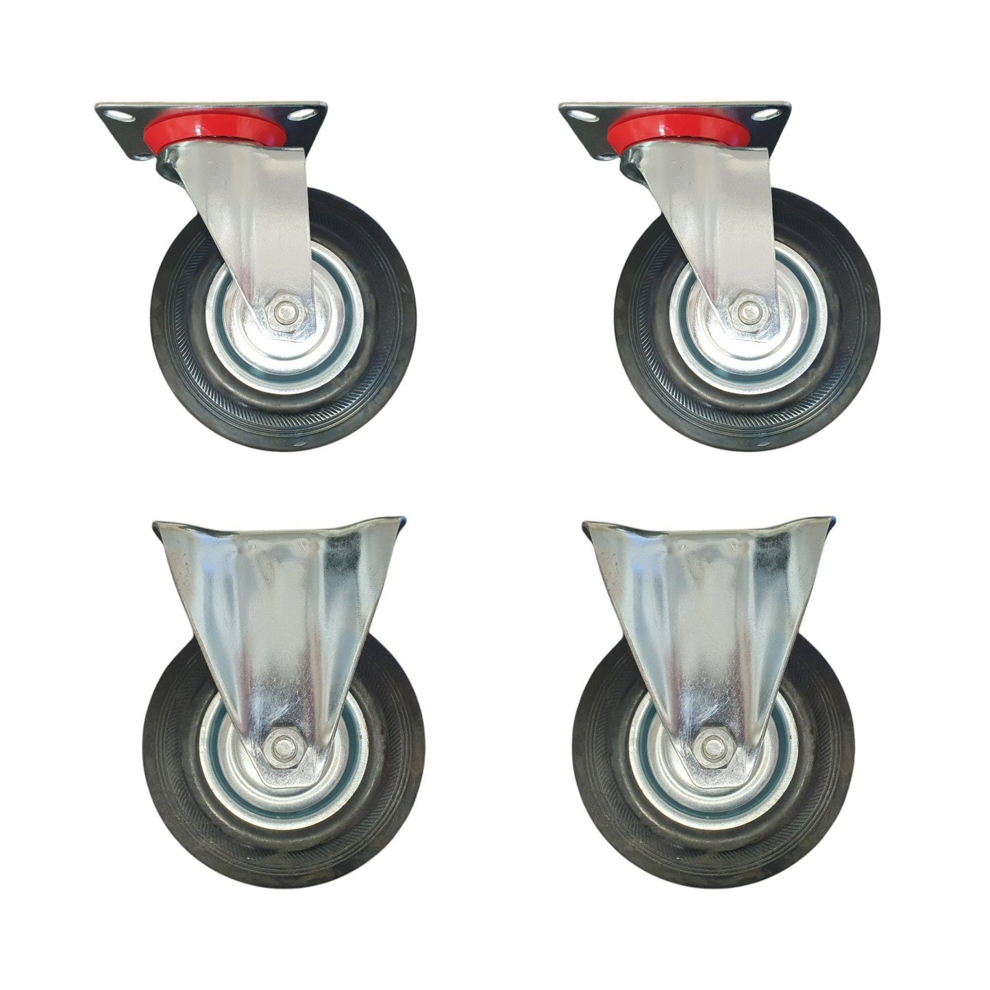 5 inch Wheel 2x Swivel and 2x Fixed Trolley Caster Rubber 125mm On Plate Black (Pack of 4) Wheel FoneFunShop