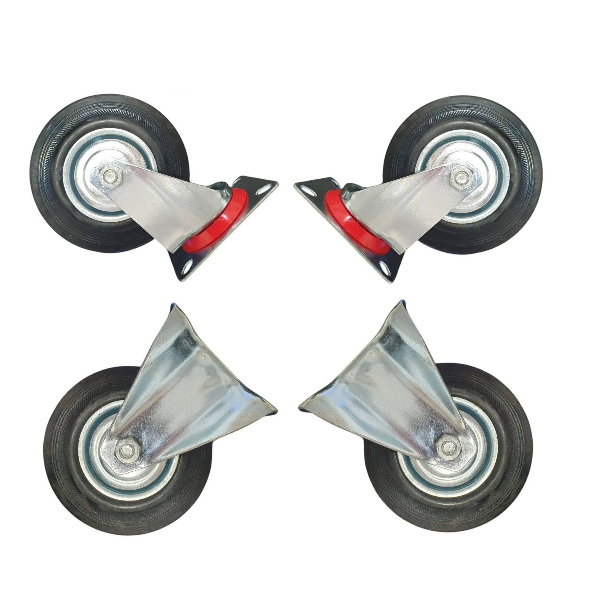 5 inch Wheel 2x Swivel and 2x Fixed Trolley Caster Rubber 125mm On Plate Black (Pack of 4) Wheel FoneFunShop
