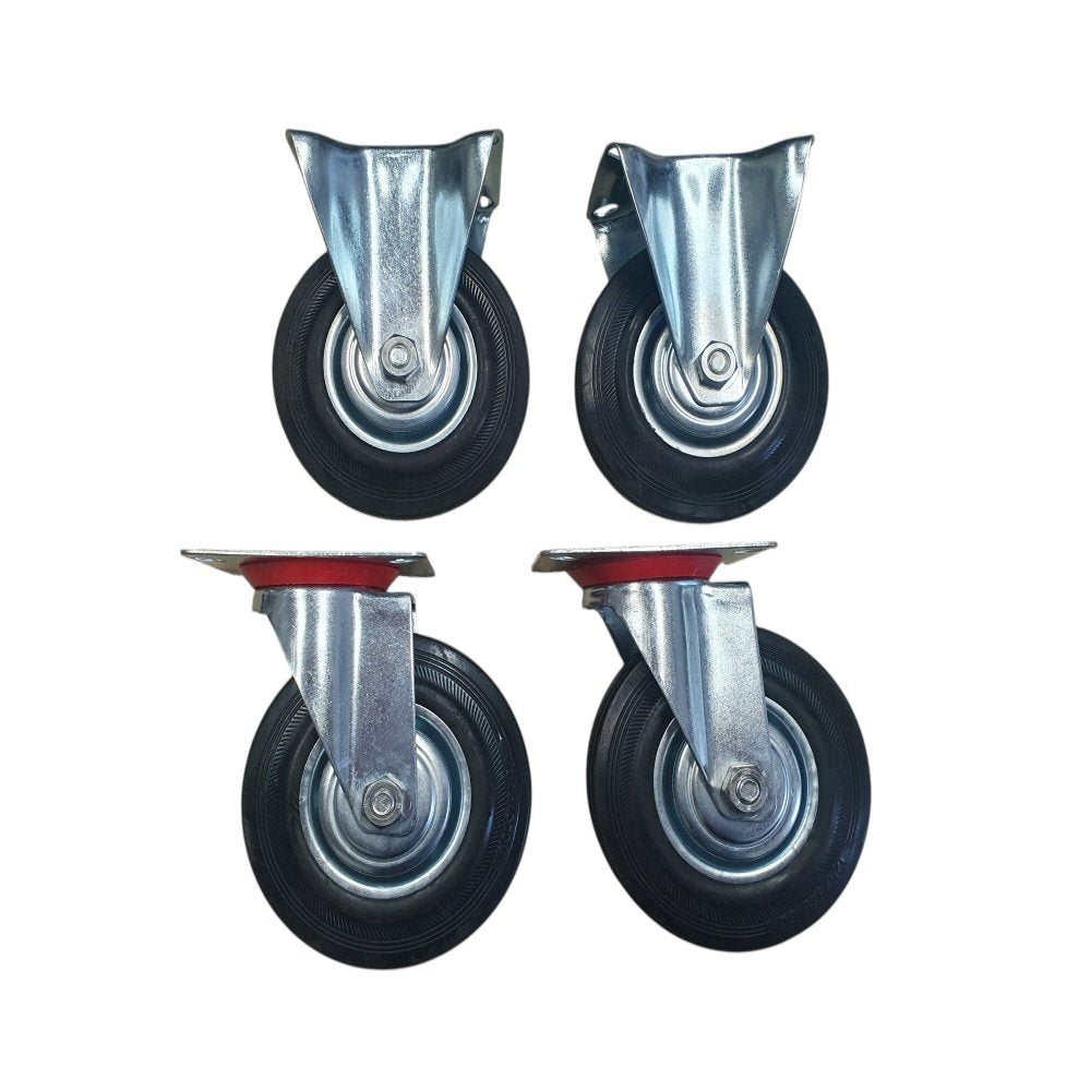 5 inch Wheel 2x Swivel and 2x Fixed Trolley Caster Rubber 125mm On Plate Black (Pack of 4) Wheel FoneFunShop