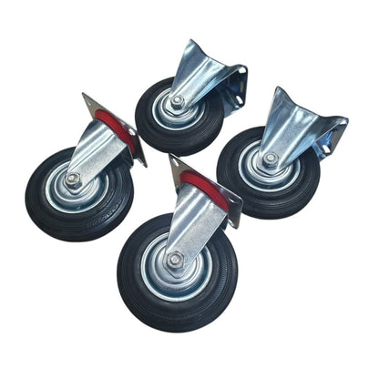 5 inch Wheel 2x Swivel and 2x Fixed Trolley Caster Rubber 125mm On Plate Black (Pack of 4) Wheel FoneFunShop