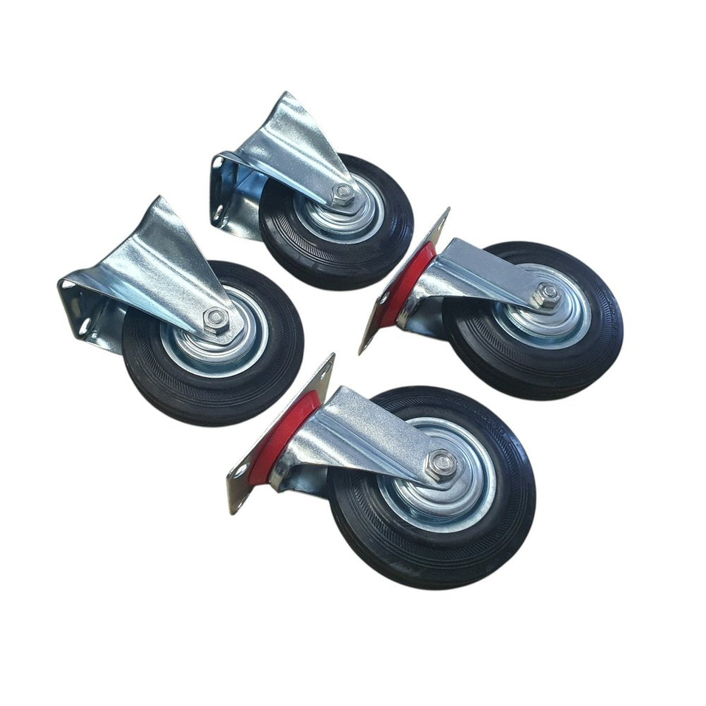5 inch Wheel 2x Swivel and 2x Fixed Trolley Caster Rubber 125mm On Plate Black (Pack of 4) Wheel FoneFunShop