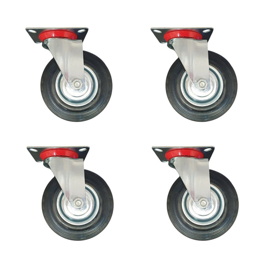 5 inch Wheel Swivel Trolley Caster Rubber 125mm On Plate Black (Pack of 4) Wheel FoneFunShop
