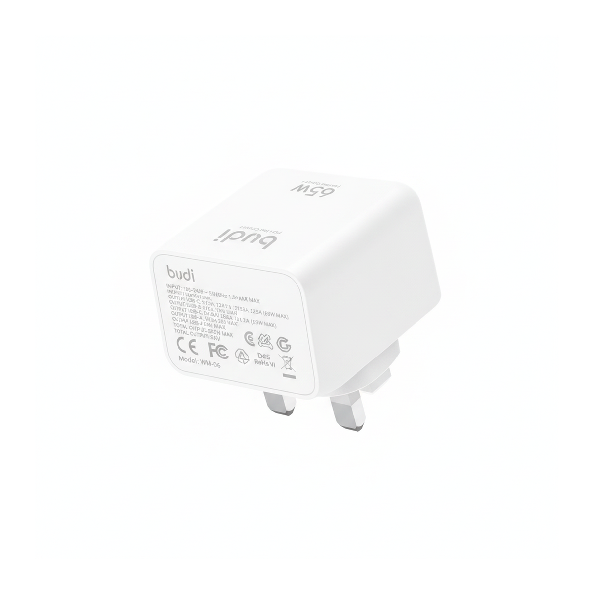 Budi 65W GaN Wall Charger USB-C PD and USB-A QC Dual Port UK Plug - rear view