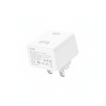 Budi 65W GaN Wall Charger USB-C PD and USB-A QC Dual Port UK Plug - rear view