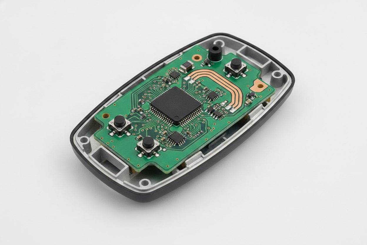 Car key fob circuit board detail — professional macro photo