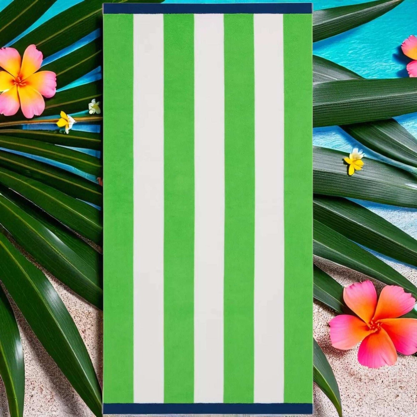 Large Beach Cabana Towel Oversized Striped Deckchair Design 91x172cm Green Towel FoneFunShop