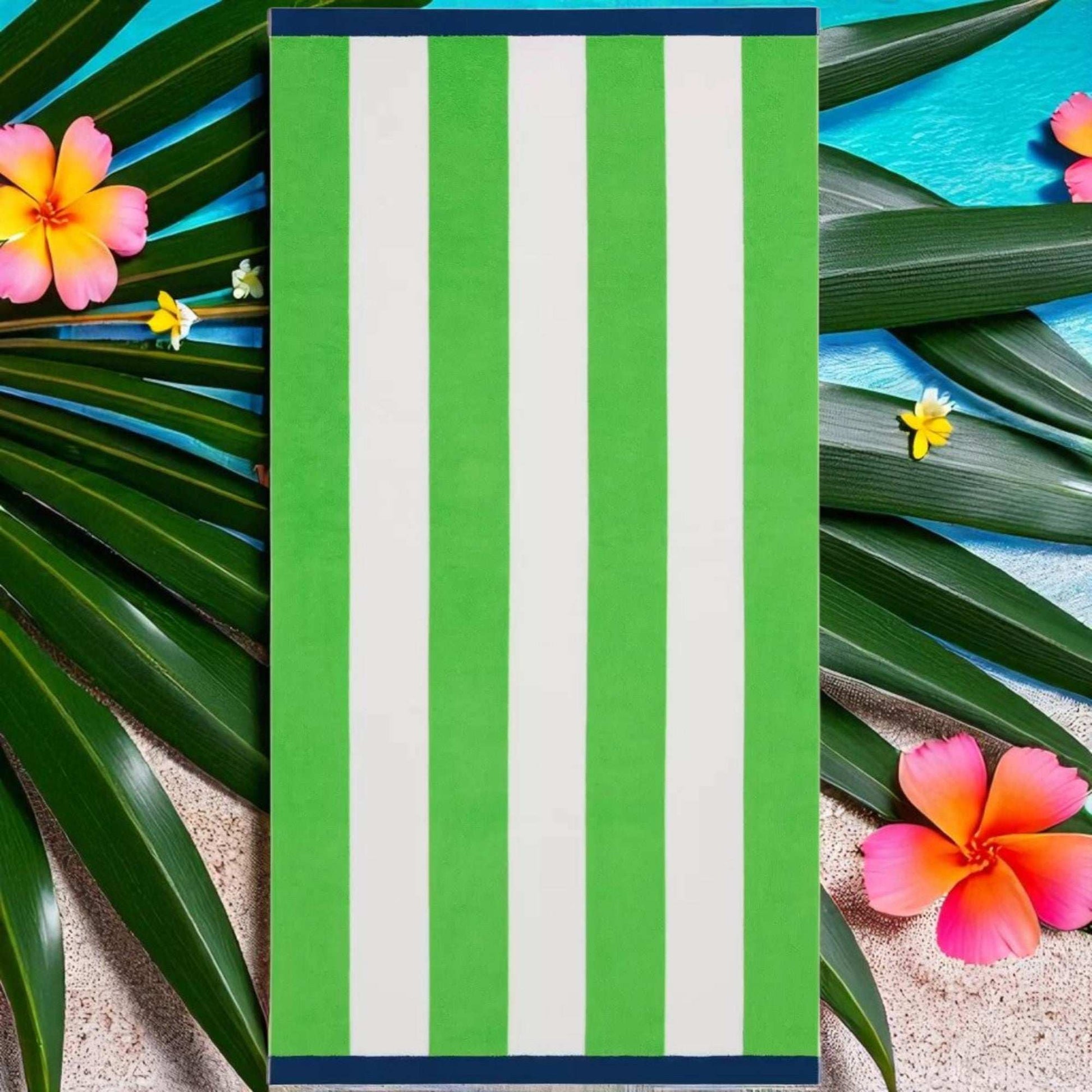 Large Beach Cabana Towel Oversized Striped Deckchair Design 91x172cm Green Towel FoneFunShop