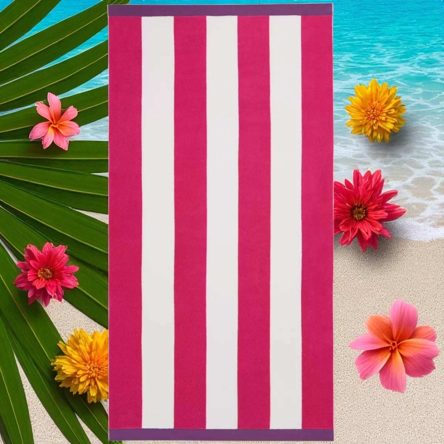 Large Beach Cabana Towel Oversized Striped Deckchair Design 91x172cm Pink Towel FoneFunShop