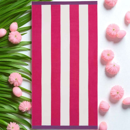 Large Beach Cabana Towel Oversized Striped Deckchair Design 91x172cm Pink Towel FoneFunShop