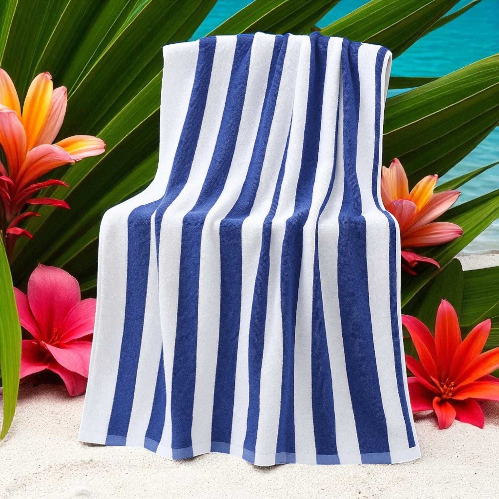 100% Cotton Beach Towel Blue and White Stripes Oversized Thick Bath Towel 76x180cm Towel FoneFunShop