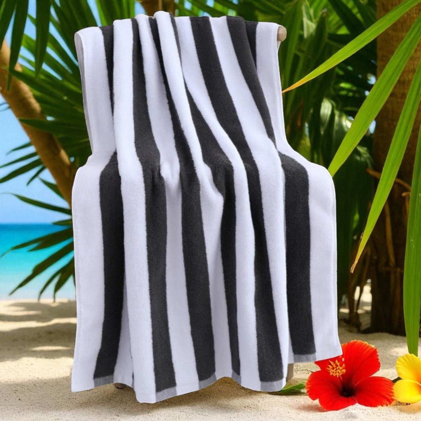 100% Cotton Beach Towel Grey and White Stripes Oversized Thick Bath Towel 76x180cm Towel FoneFunShop