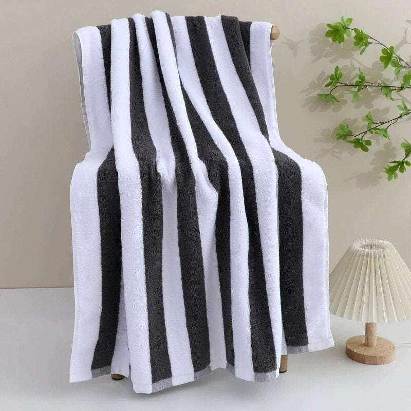 100% Cotton Beach Towel Grey and White Stripes Oversized Thick Bath Towel 76x180cm Towel FoneFunShop